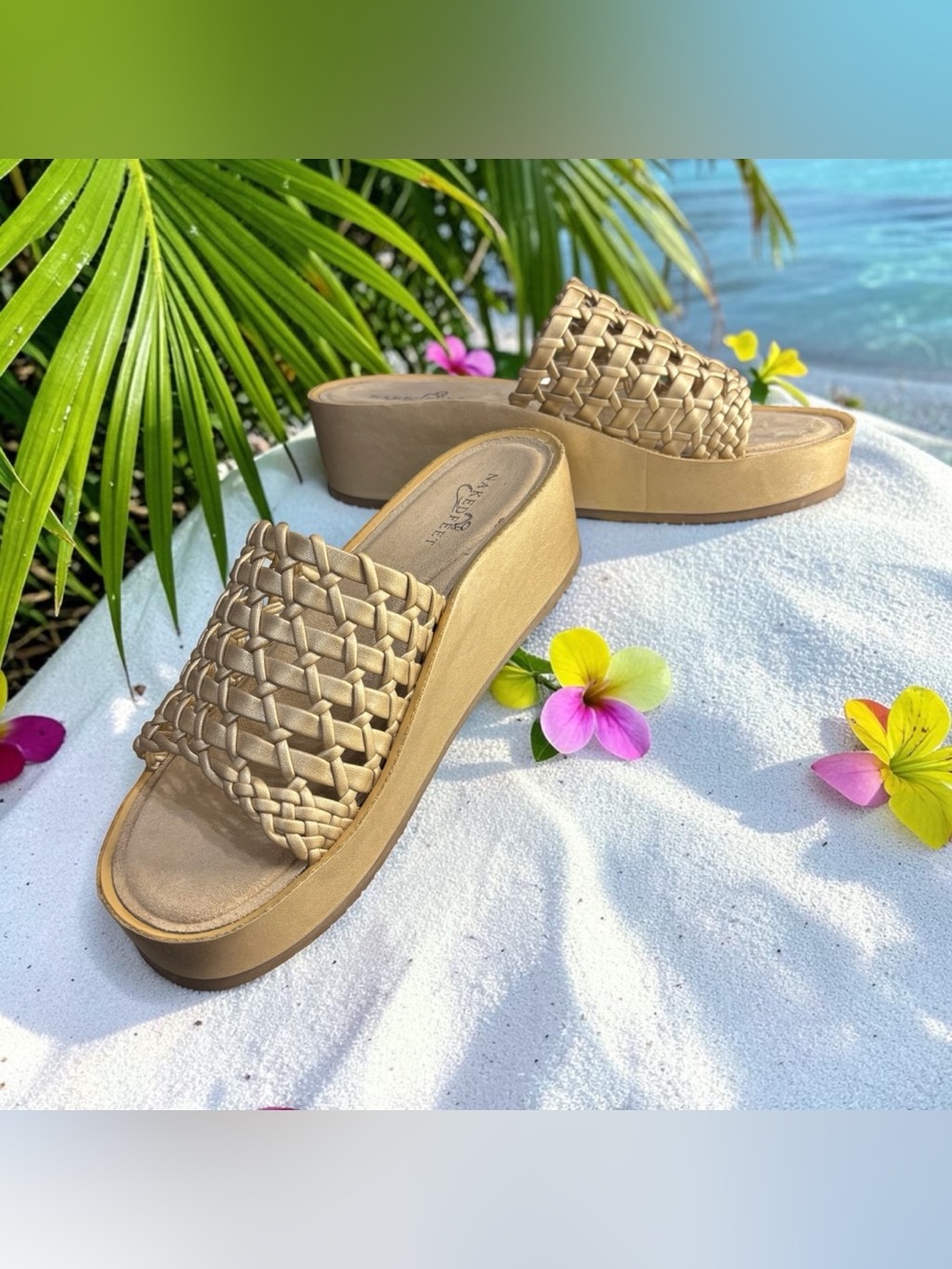 Naked Feet Cyprus Platform Sandals Women Woven Gold Wedge Size 8.5 Summer